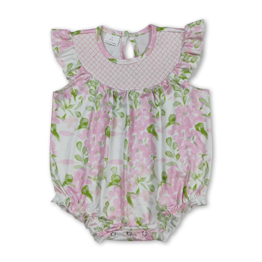 Pink floral baby girls romper with flutter sleeves and smocked design, by Mini Rodeo, perfect for little girls.