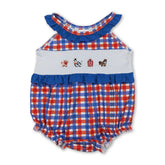 Blue ruffle farm embroidery plaid baby girl romper from Mini Rodeo, featuring ruffles and charming farm-themed embroidery.