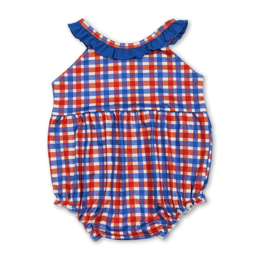 Blue ruffle farm embroidery plaid baby girl romper by Mini Rodeo, featuring ruffles, farm embroidery, and a classic plaid design.