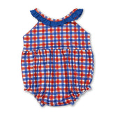 Blue ruffle farm embroidery plaid baby girl romper by Mini Rodeo, featuring ruffles, farm embroidery, and a classic plaid design.