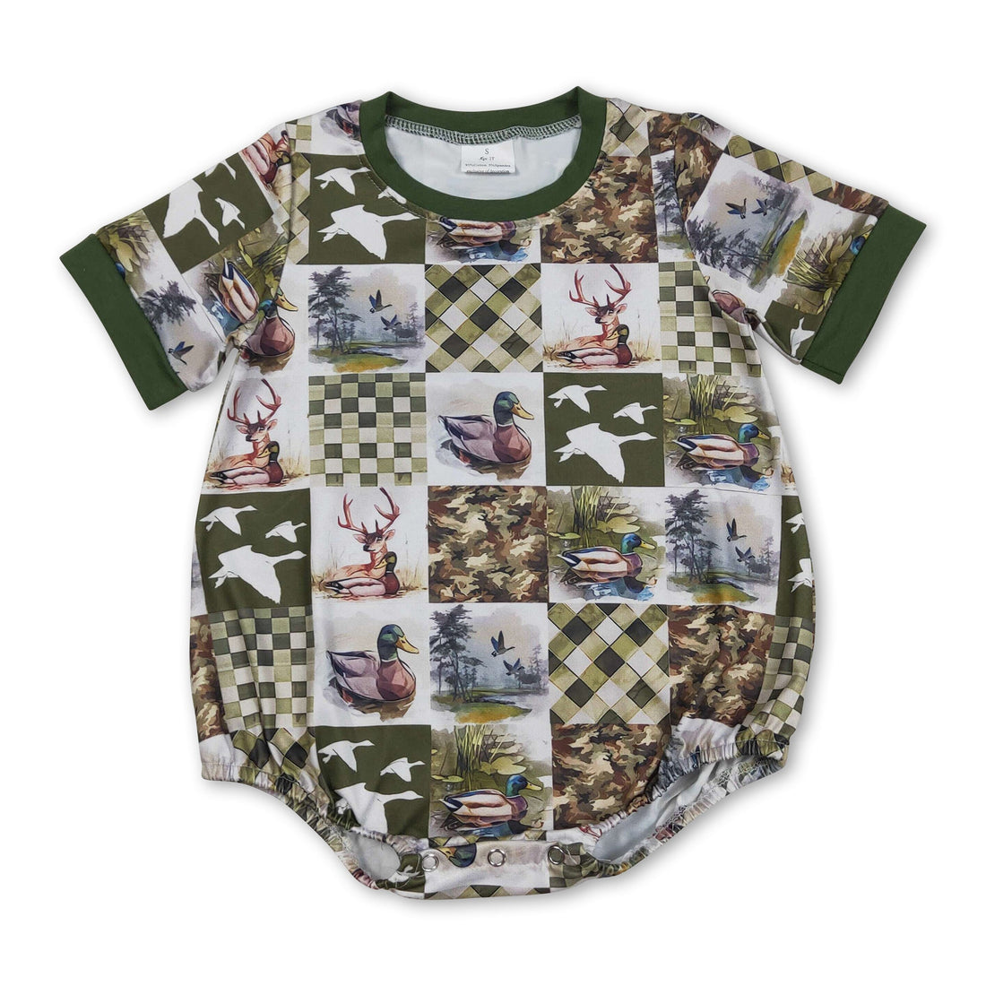 Mini Rodeo boy bubbles romper with short sleeves, duck plaid patchwork design, perfect for baby boys.