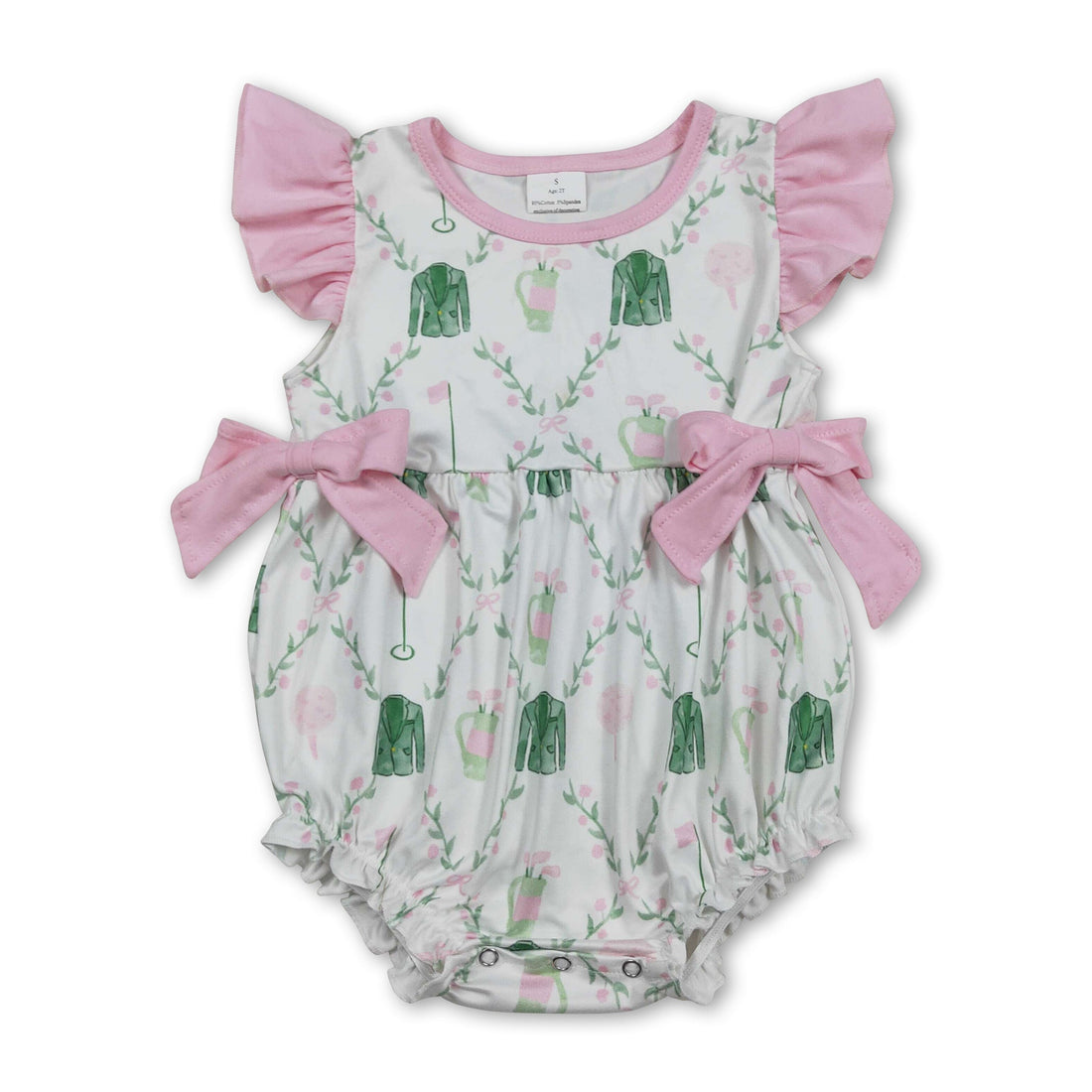 Pink flutter sleeves golf baby girls summer romper by Mini Rodeo, featuring cute girl bubbles design and comfortable fabric.