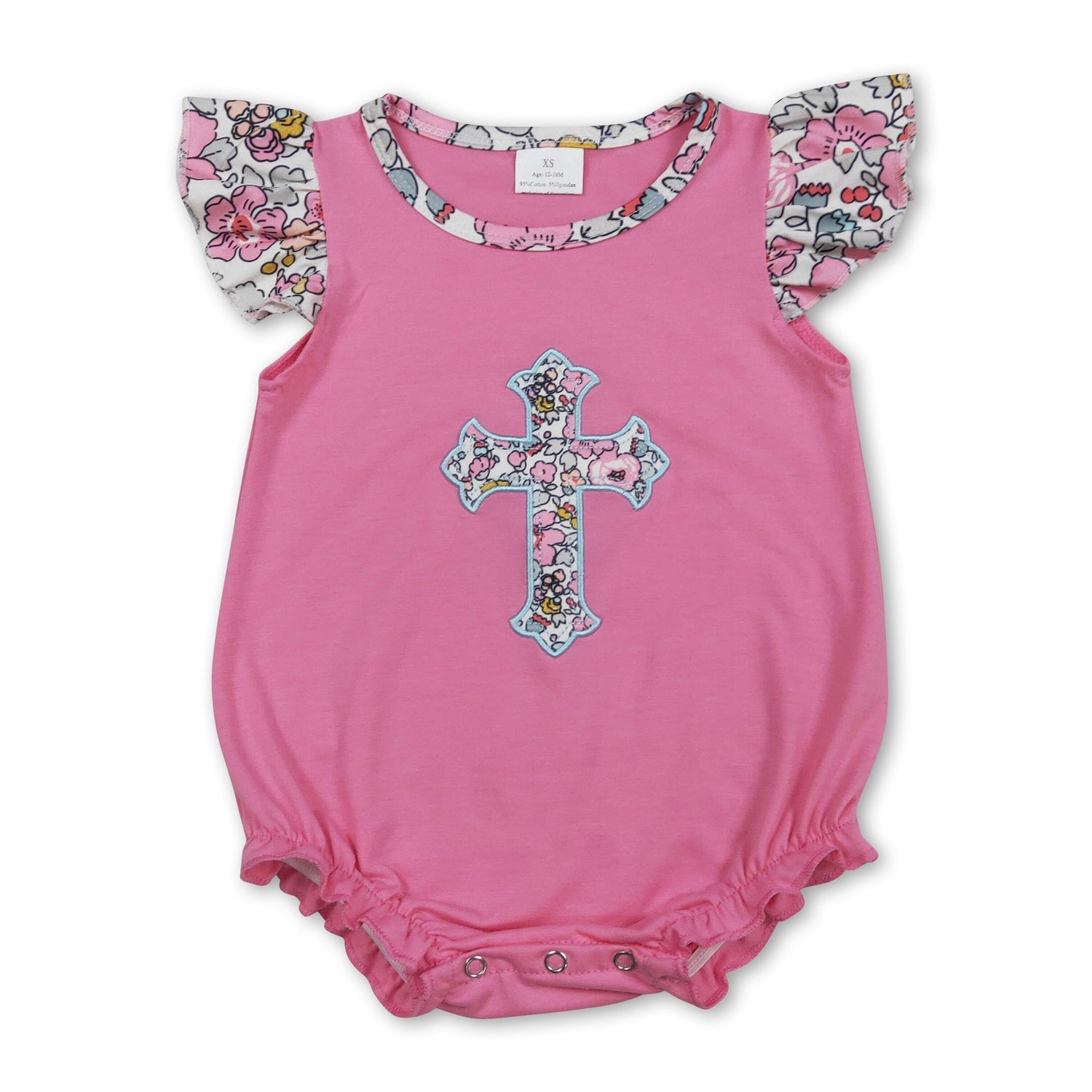 Flutter sleeves floral cross embroidery baby Easter romper