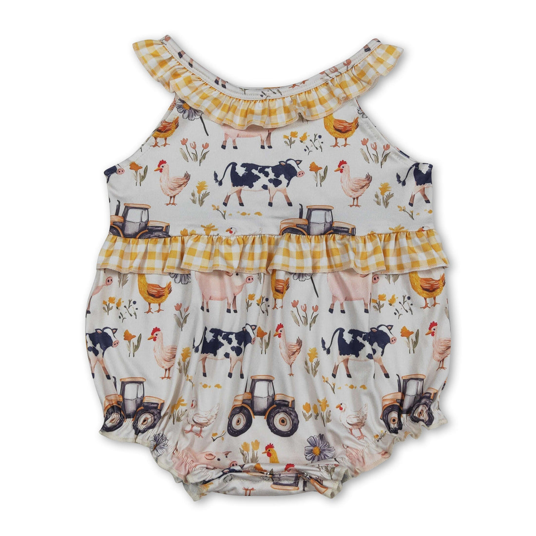 Yellow plaid ruffle sleeveless girl bubbles romper by Mini Rodeo, featuring a farm-themed design for baby girls.