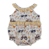Yellow plaid ruffle sleeveless girl bubbles romper by Mini Rodeo, featuring a farm-themed design for baby girls.