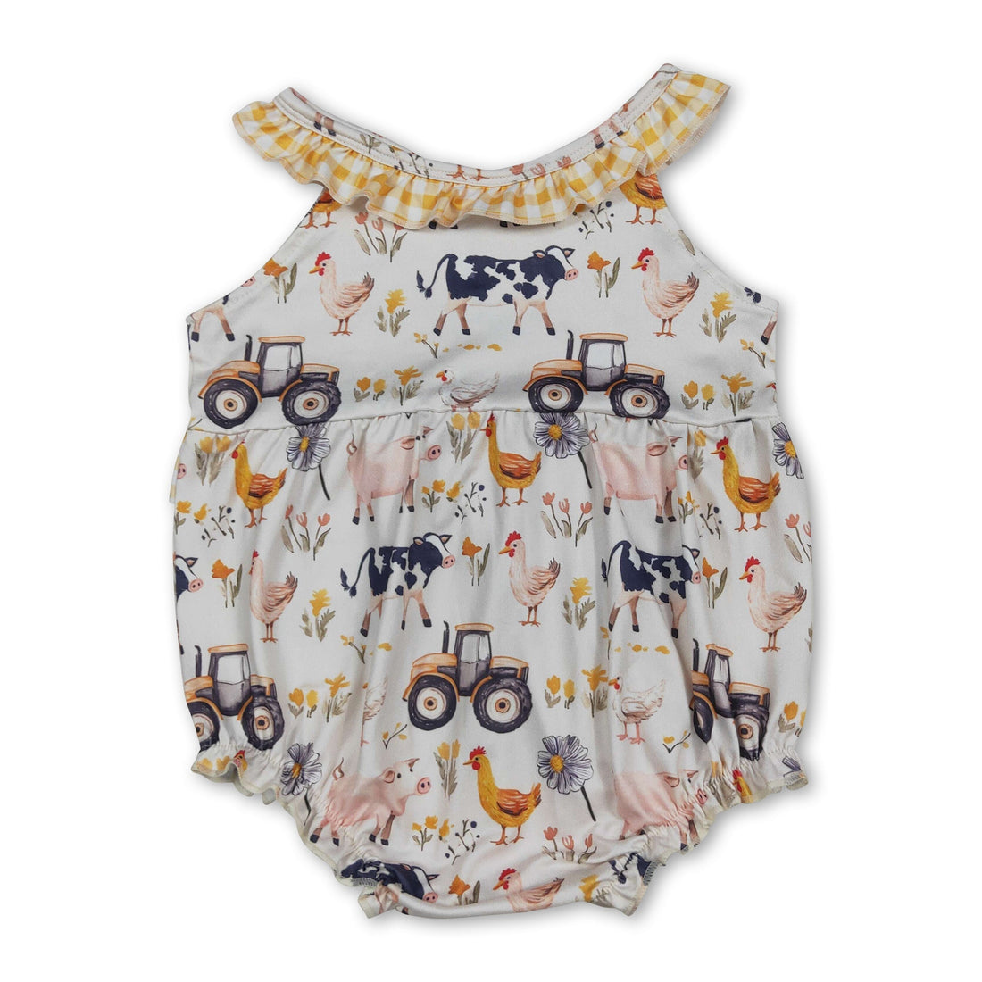 Yellow plaid ruffle sleeveless farm-themed baby girl romper by Mini Rodeo, featuring a cute, sleeveless design with ruffle details.