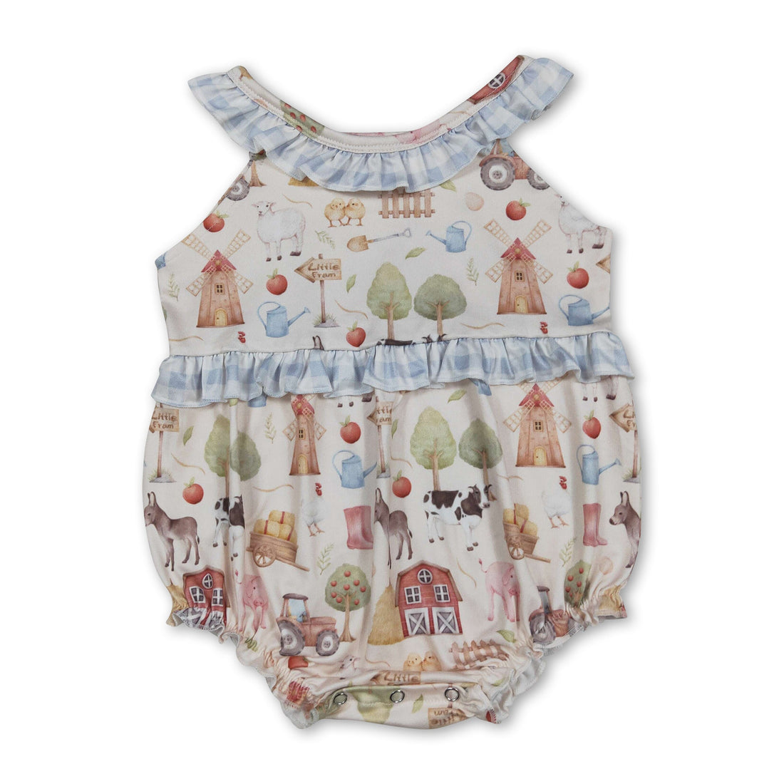 Mini Rodeo sleeveless plaid ruffle farm baby girls romper with ruffled details, designed for cute and comfortable girl bubbles.