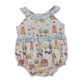 Mini Rodeo sleeveless plaid ruffle farm baby girls romper with ruffled details, designed for cute and comfortable girl bubbles.