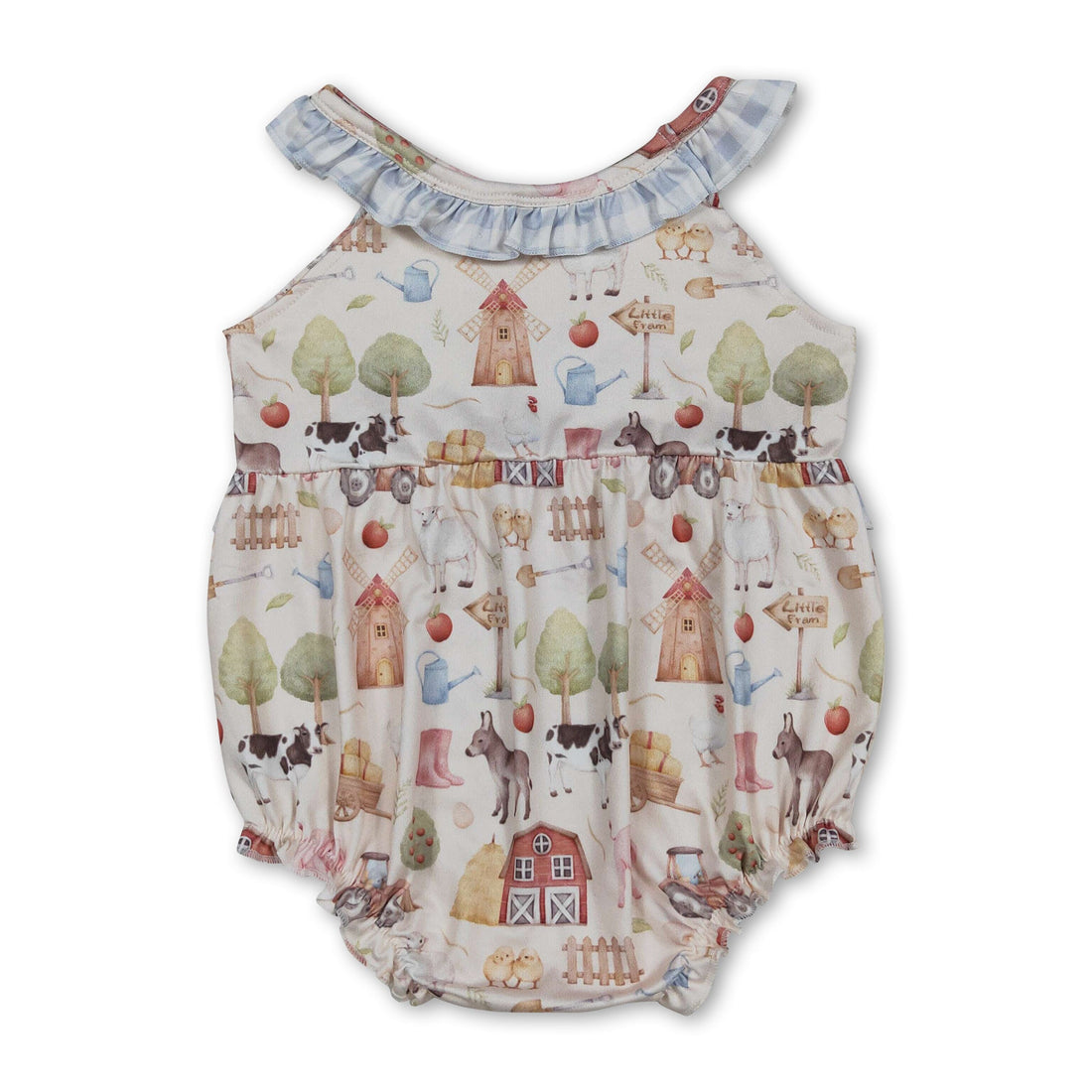 Mini Rodeo sleeveless plaid ruffle farm baby girls romper with cute ruffle details, designed for little girls in a playful farm-inspired style.