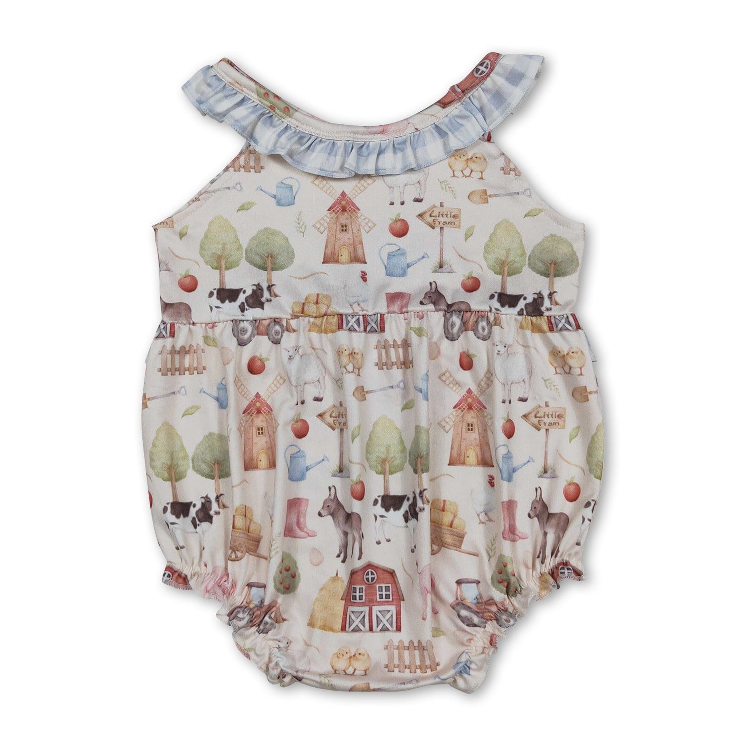 Sleeveless plaid ruffle farm baby girls romper