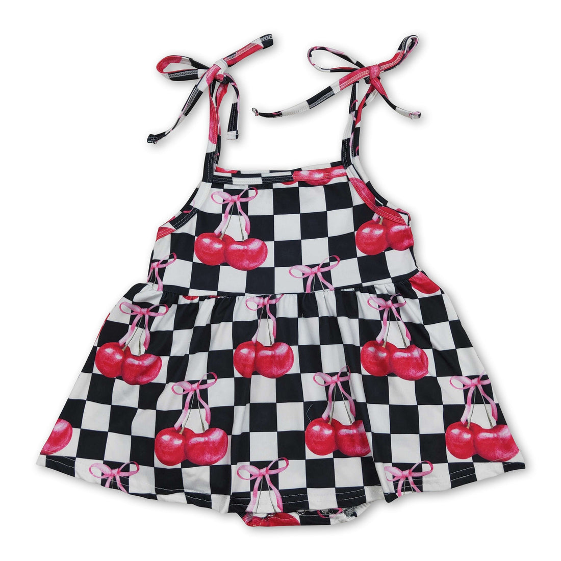 Black plaid cherry bow girl romper by Mini Rodeo featuring straps, perfect for summer, with a cute bow detail for baby girls.