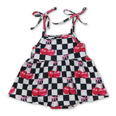 Black plaid cherry bow girl romper by Mini Rodeo featuring straps, perfect for summer, with a cute bow detail for baby girls.