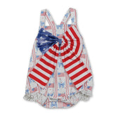Baby girl romper with straps and a flag bow, perfect for 4th of July, by Mini Rodeo, featuring a playful girl bubbles design.