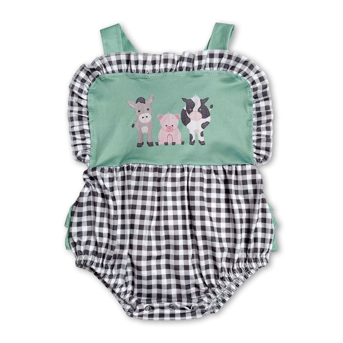 Mini Rodeo girl bubble romper with cow and pig ruffle plaid farm print, perfect for summer baby wear.