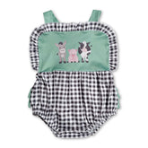Mini Rodeo girl bubble romper with cow and pig ruffle plaid farm print, perfect for summer baby wear.