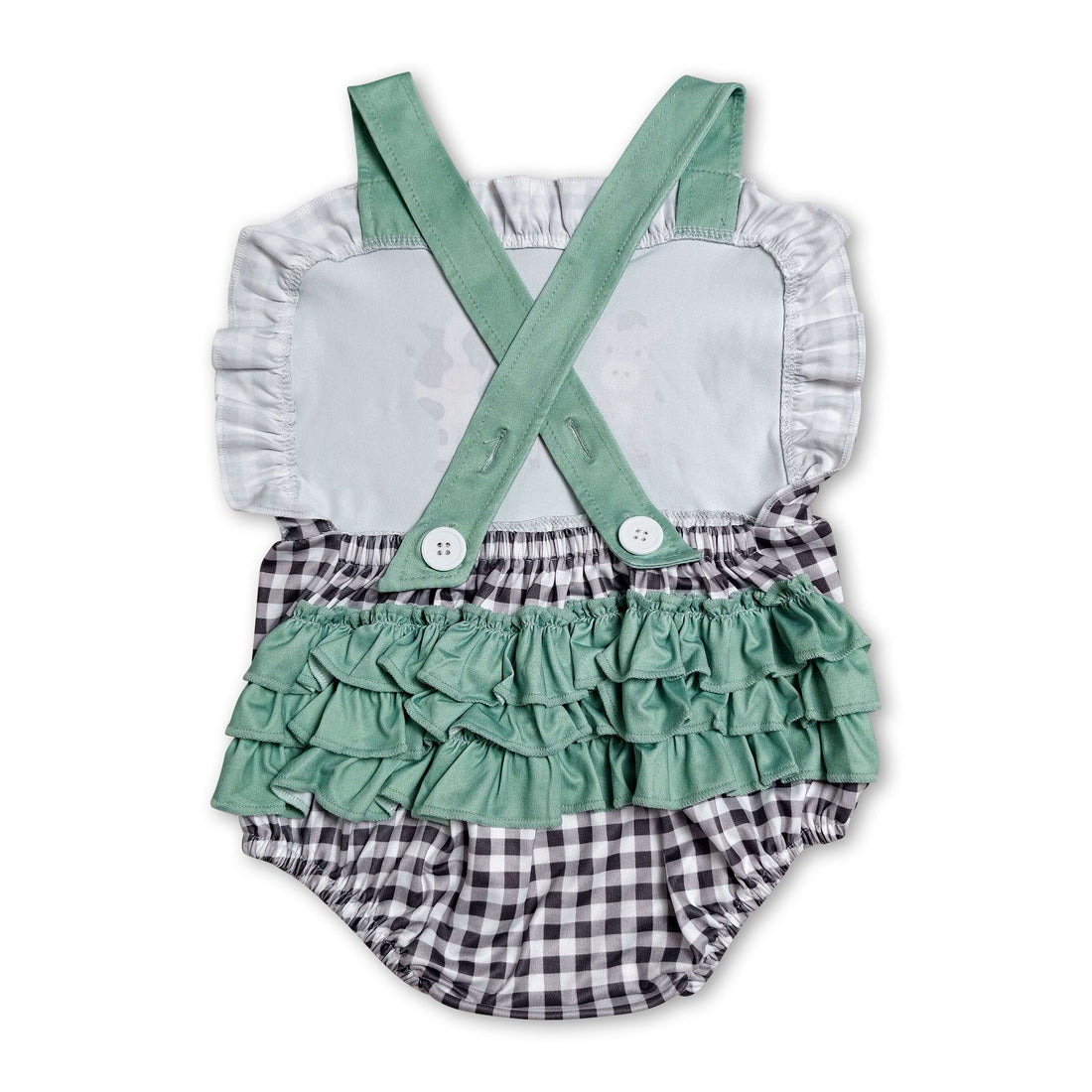 Mini Rodeo girl bubble romper with cow, pig, and ruffle plaid farm print, perfect for summer baby wear.
