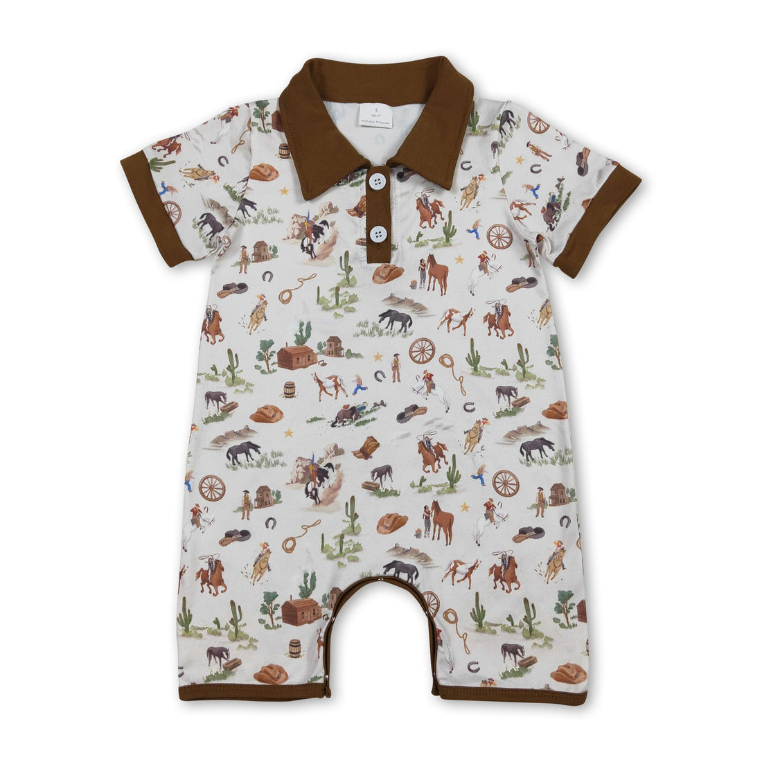 Brown cactus rodeo western baby boy romper with short sleeves, from Mini Rodeo, featuring a fun cowboy-themed design.