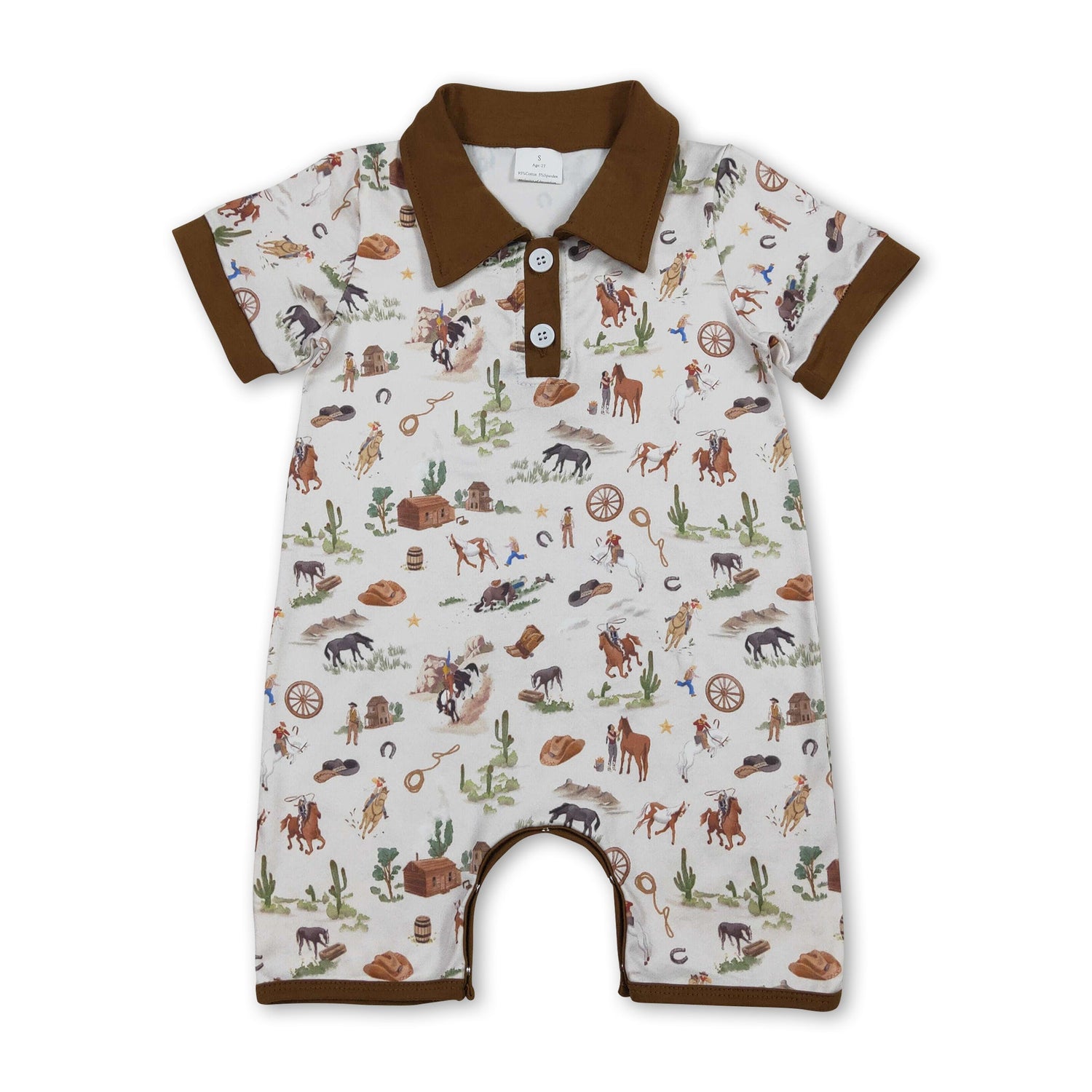 Short sleeves brown cactus rodeo western baby boy romper