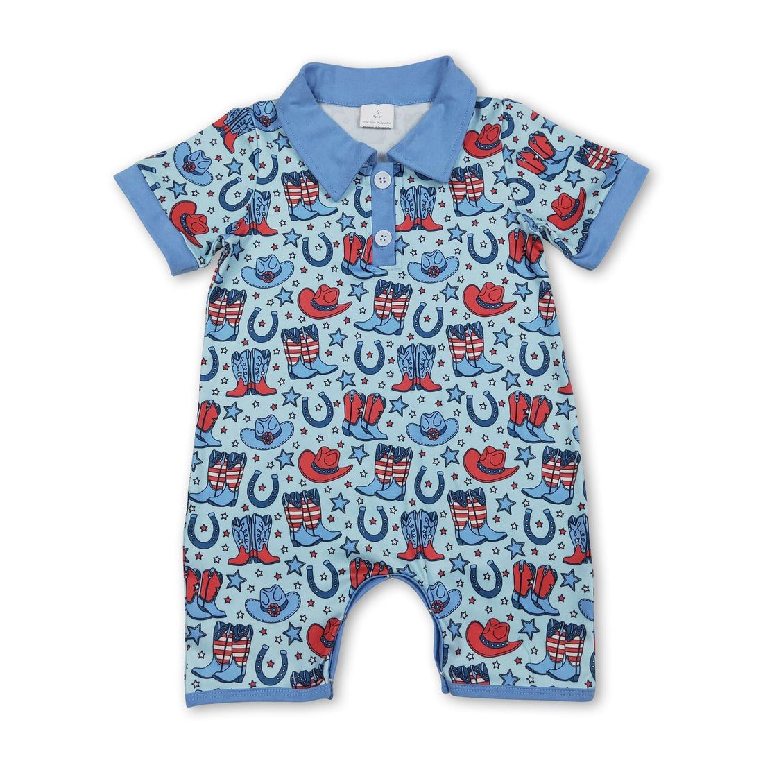 Baby boy in Mini Rodeo western-themed 4th of July polo romper and boots hat, celebrating patriotic style and comfort.