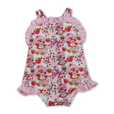 Mini Rodeo strawberry bow ruffle straps girl bubble romper for summer, featuring adorable strawberry print and ruffled straps.