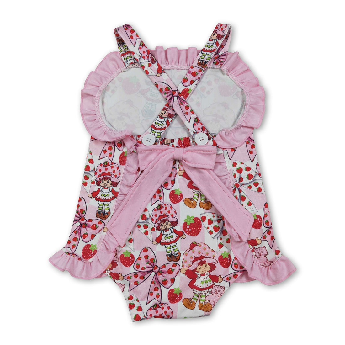 Pink strawberry bow ruffle straps baby girl romper from Mini Rodeo, featuring cute summer bubble design with adjustable straps.