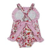 Pink strawberry bow ruffle straps baby girl romper from Mini Rodeo, featuring cute summer bubble design with adjustable straps.