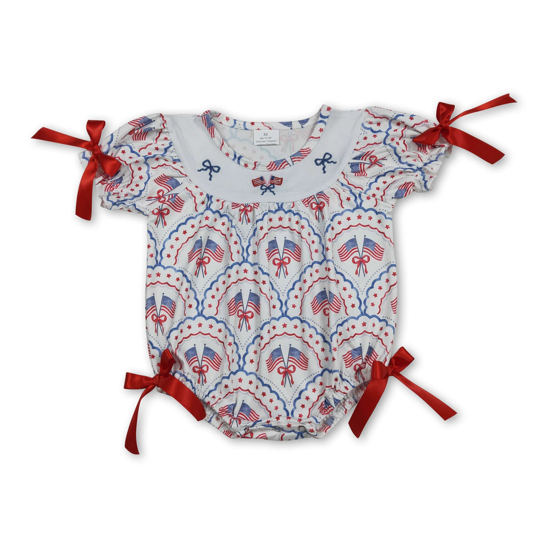 Mini Rodeo girl bubble romper with short sleeves, flag bow embroidery, perfect for 4th of July celebrations, baby girl clothing.