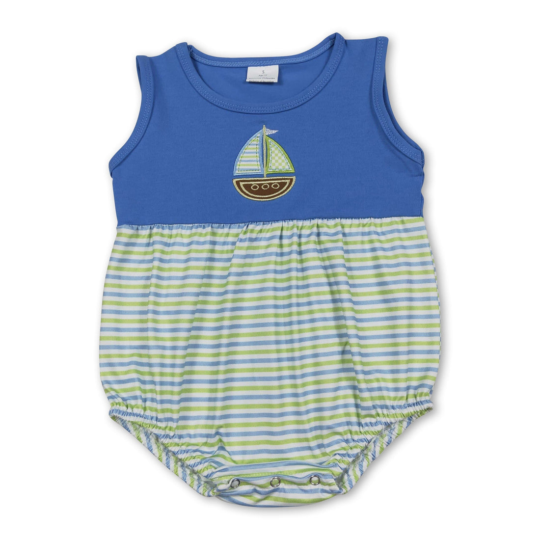 Sleeveless baby boy romper with boat embroidery and stripe pattern by Mini Rodeo, designed as a cute boy bubbles outfit.
