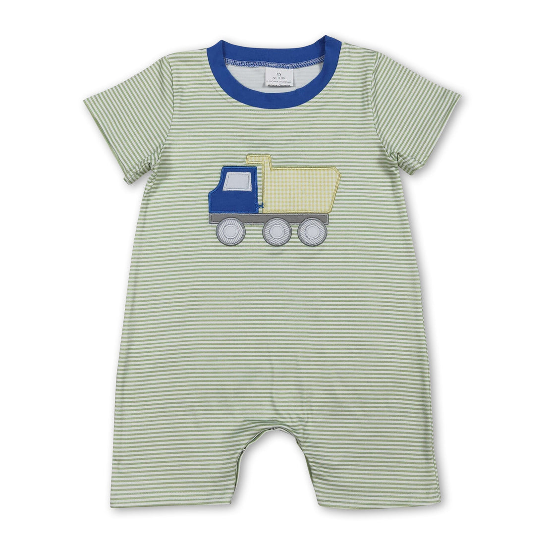 Mini Rodeo boy romper with short sleeves, stripe construction, and embroidery design, perfect for casual summer wear.