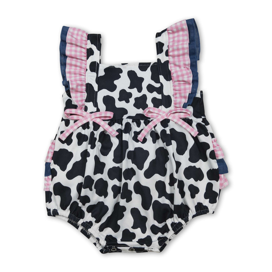 Mini Rodeo girl bubble romper with flutter sleeves and cow ruffle detail, perfect for summer baby girls.