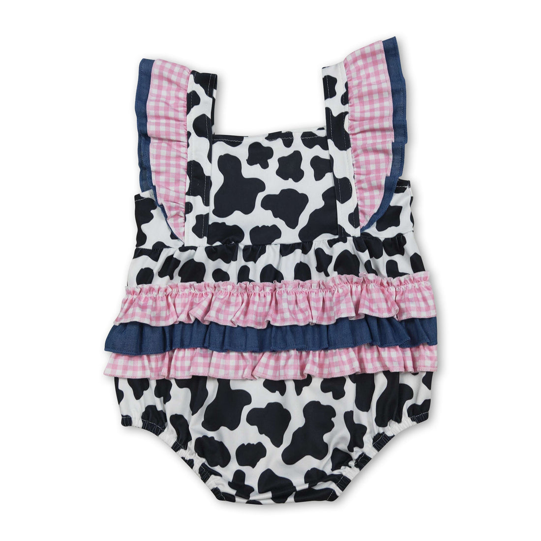 Mini Rodeo girl bubbles romper with flutter sleeves, cow ruffle design, perfect for summer baby girls, shown in SR3898_3.jpg.