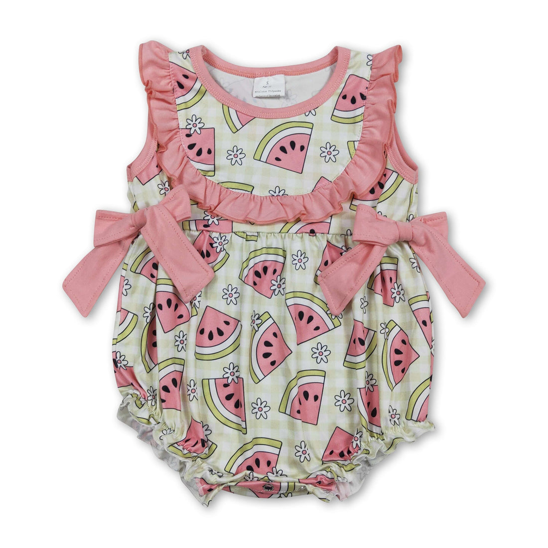 Mini Rodeo girl bubbles romper with sleeveless floral watermelon bow design, perfect for summer baby girls.