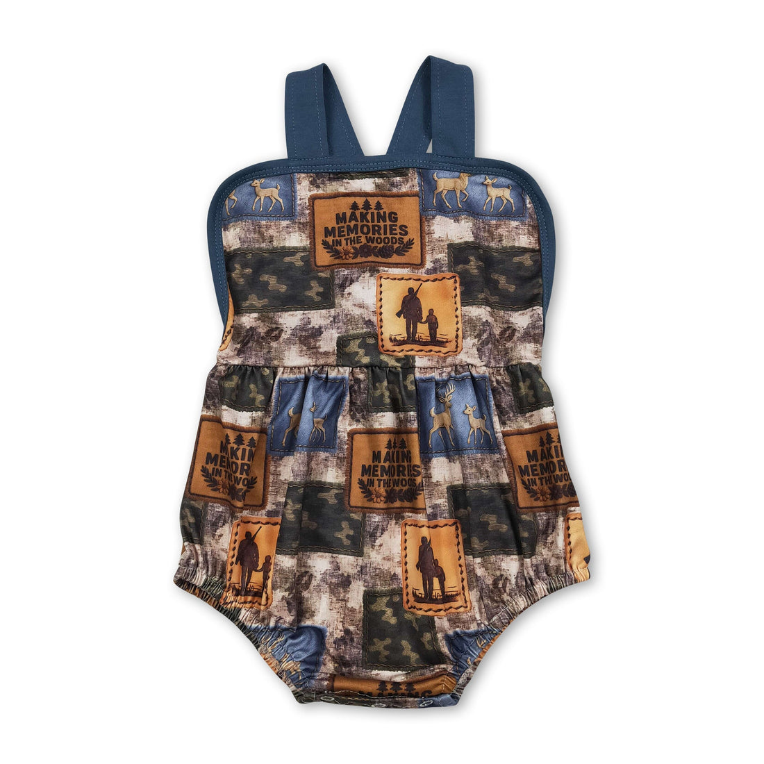 Mini Rodeo blue straps deer camo hunting baby boy summer romper, boy bubbles style, lightweight and comfortable for warm weather.