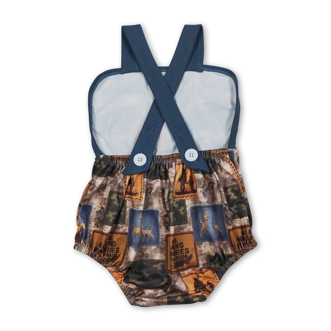 Mini Rodeo blue straps deer camo hunting baby boy summer romper, boy bubbles outfit with adjustable straps and deer print design.