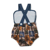 Mini Rodeo blue straps deer camo hunting baby boy summer romper, boy bubbles outfit with adjustable straps and deer print design.
