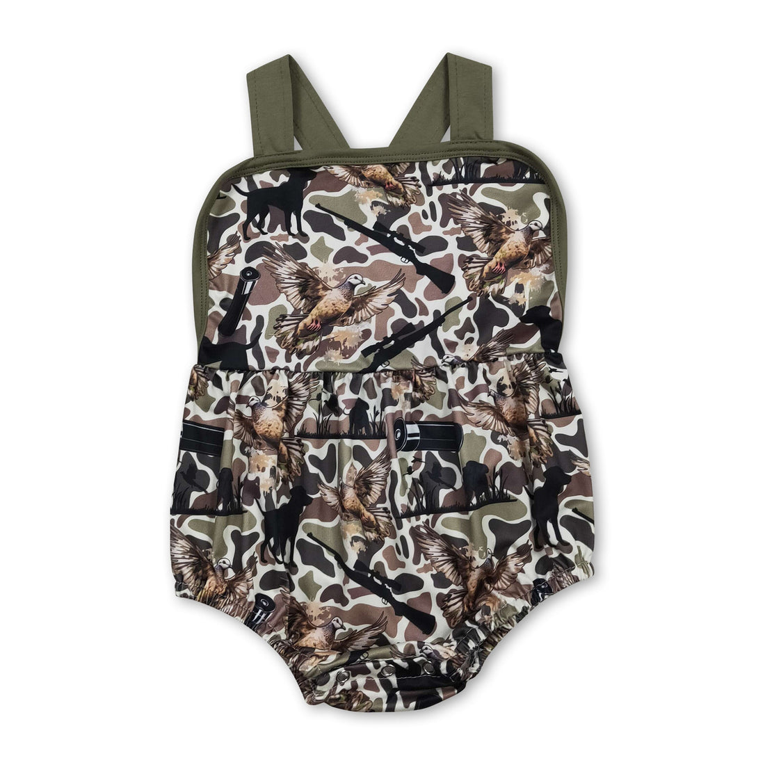 Mini Rodeo baby boy summer romper with camouflage straps, featuring a cute bubble style for hunting dog-themed clothing.