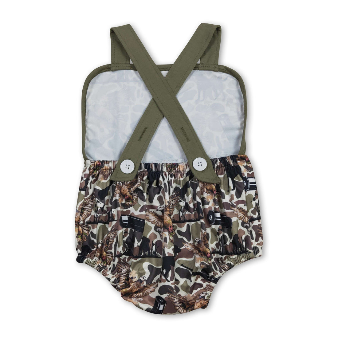 Mini Rodeo camo baby boy summer romper with straps and bubbles design, perfect for hunting-themed or casual outdoor wear.