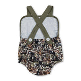 Mini Rodeo camo baby boy summer romper with straps and bubbles design, perfect for hunting-themed or casual outdoor wear.