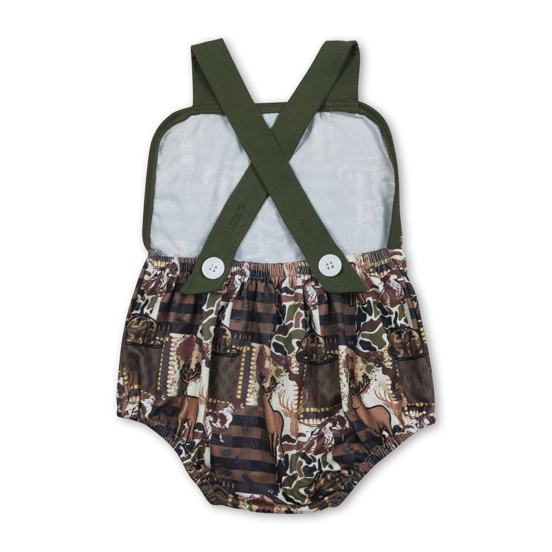 Mini Rodeo baby boy summer romper with deer stripe camo straps, featuring a cute boy bubble design for warm weather.