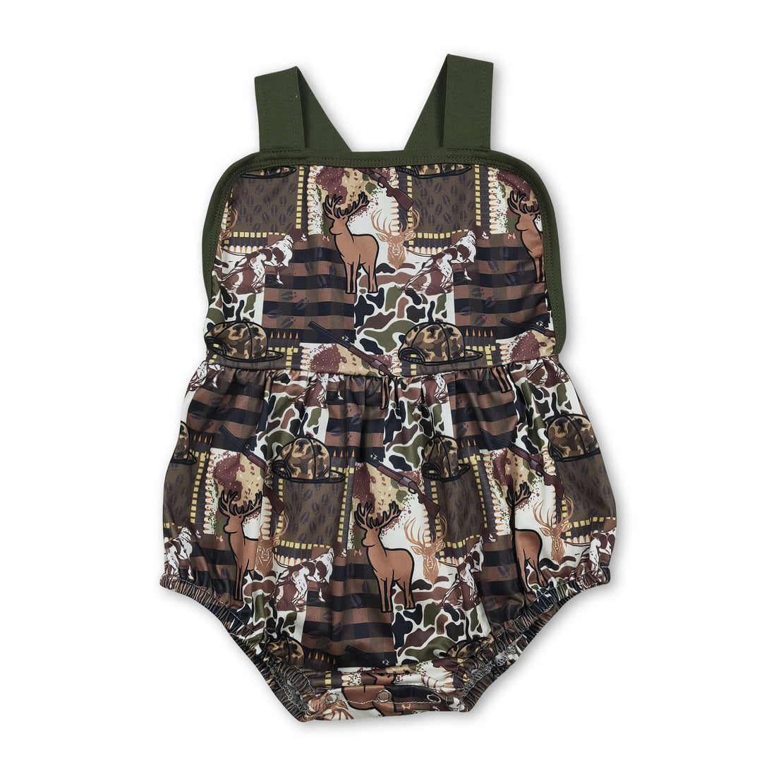Mini Rodeo boy bubble romper with deer stripe camo pattern, perfect for summer, featuring comfortable straps for baby boys.
