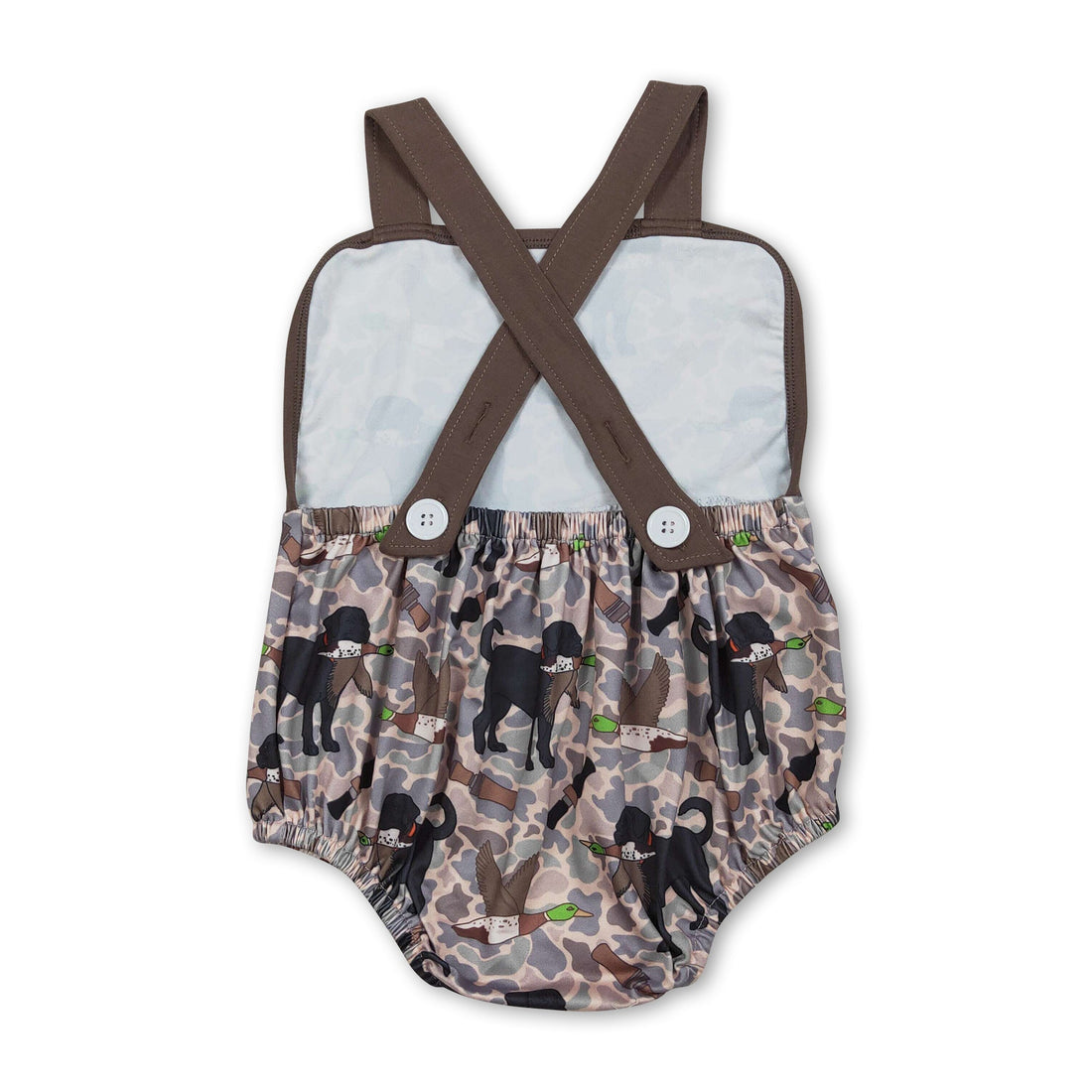 Mini Rodeo boy bubble romper with straps in duck camo pattern, perfect for summer and baby boys.