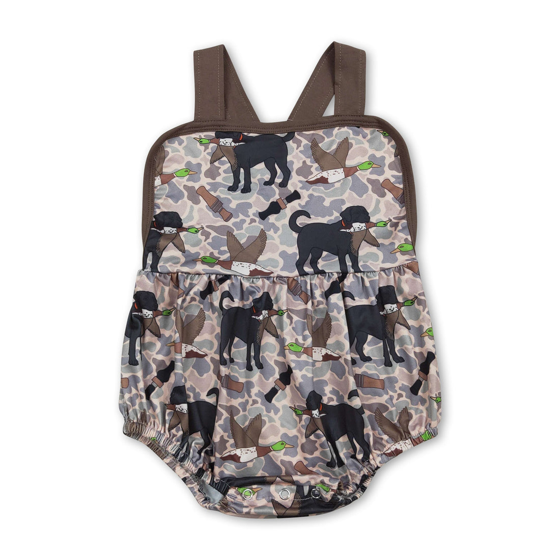 Mini Rodeo boy bubble romper featuring duck camo straps and summer design for baby boys, perfect for warm weather.