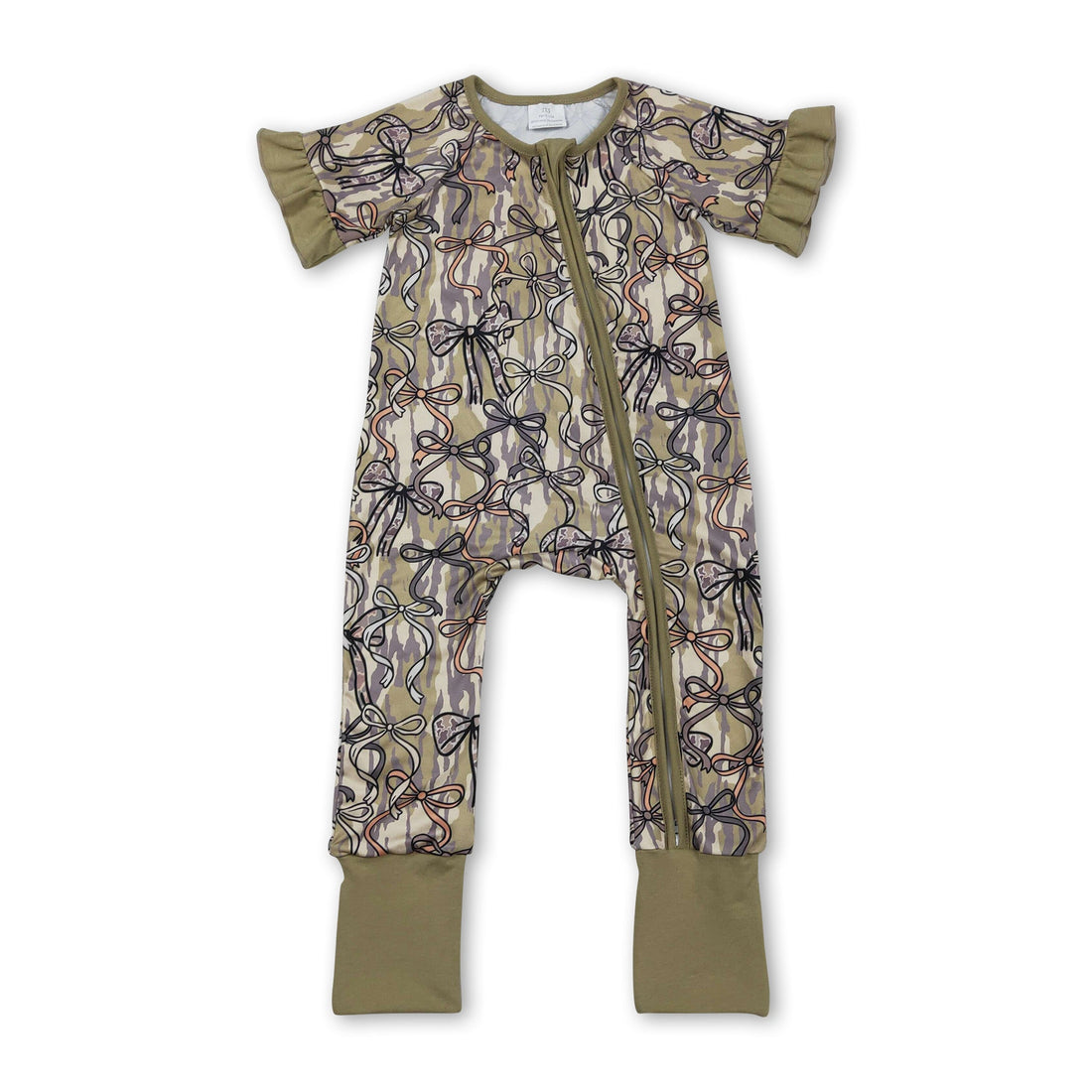 Mini Rodeo girl romper with ruffle short sleeves, bow detail, camo pattern, and front zipper for baby girls.