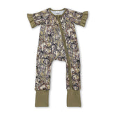 Mini Rodeo girl romper with ruffle short sleeves, bow detail, camo pattern, and front zipper for baby girls.