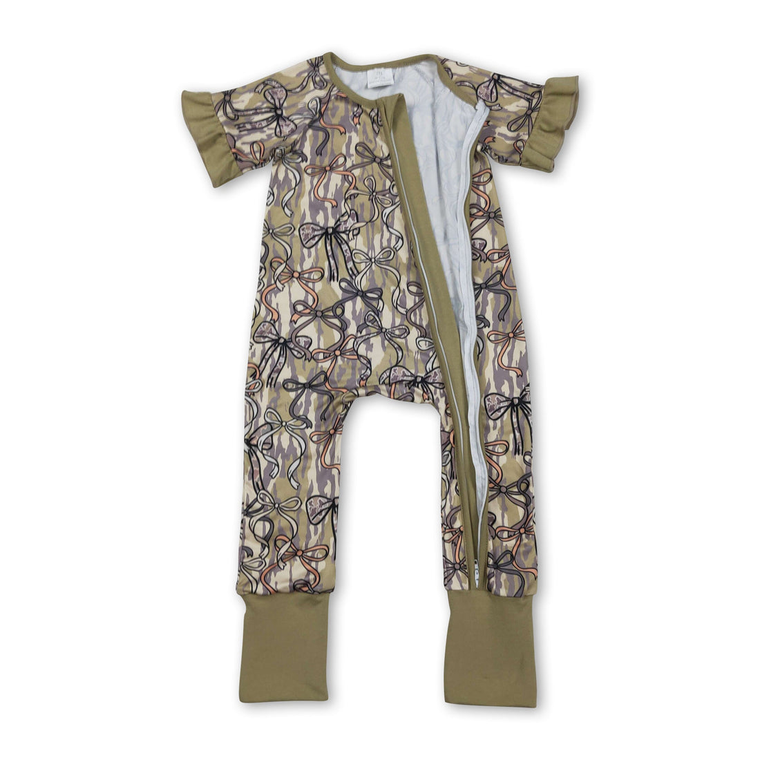 Mini Rodeo girl romper with ruffle short sleeves, bow detail, camo pattern, and front zipper for baby girls.