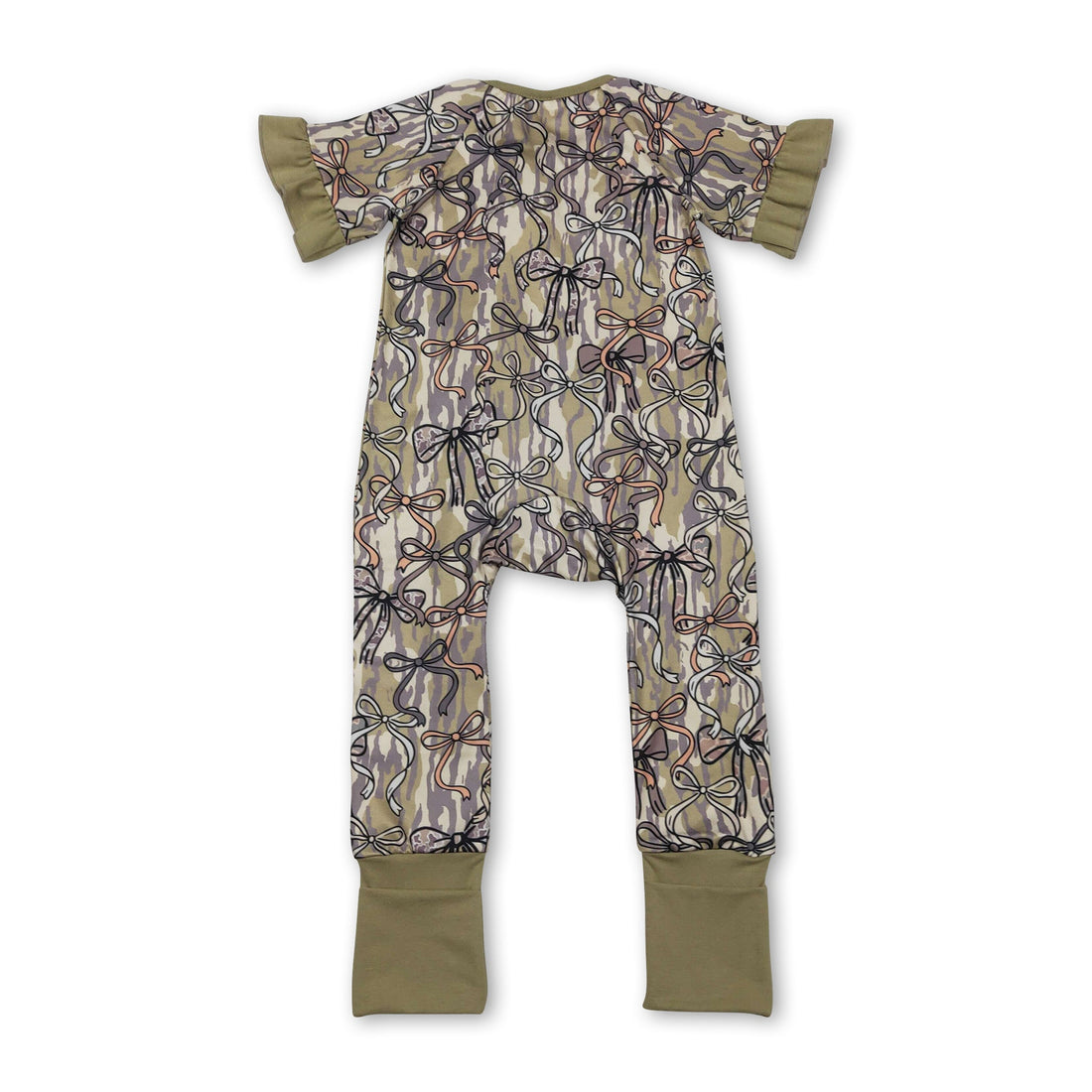 Mini Rodeo girl romper with ruffle short sleeves, bow detail, camo pattern, and front zipper for baby girls.