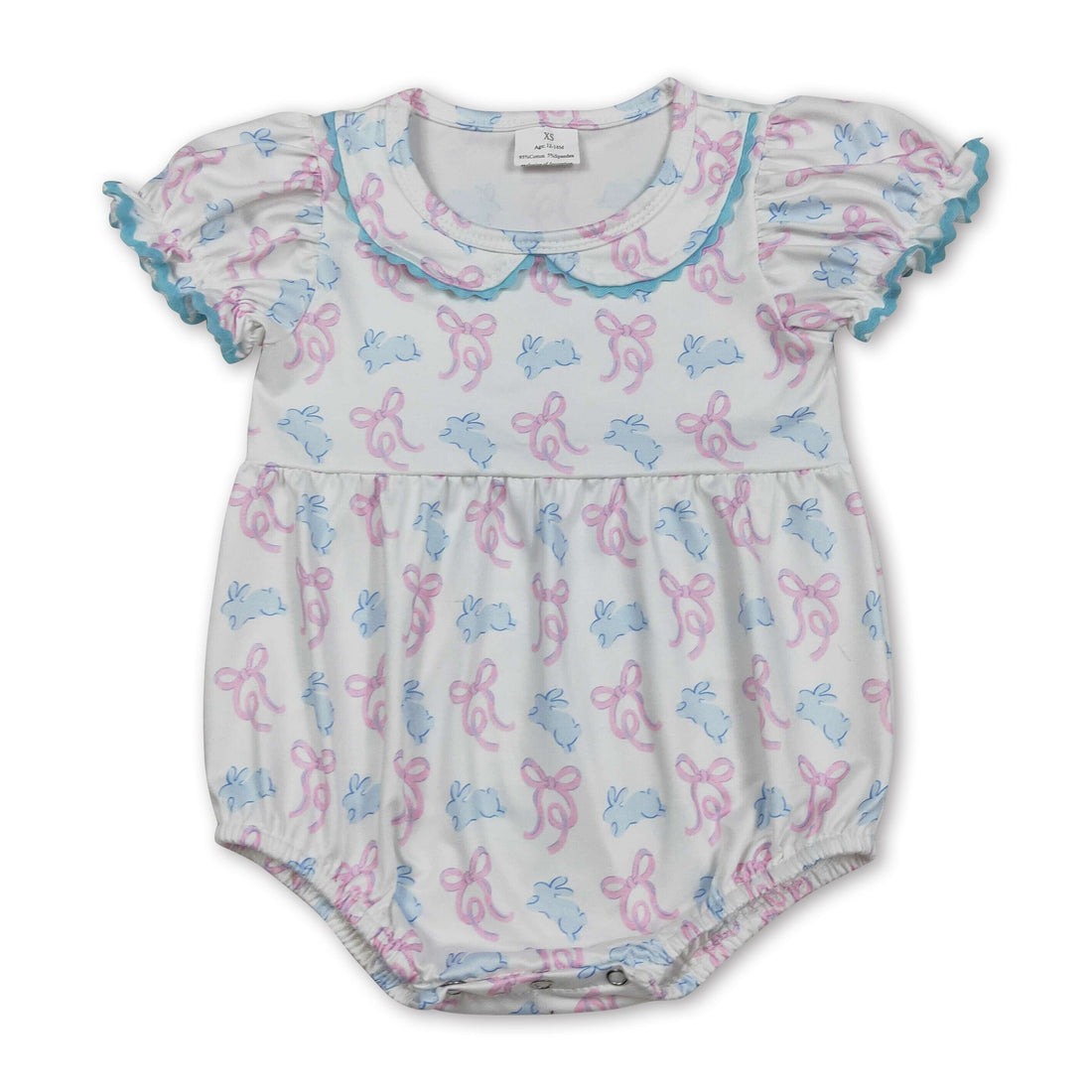 Pink short sleeve bunny romper for baby girls, featuring a bow, from Mini Rodeo Girl Bubbles collection, perfect for Easter.