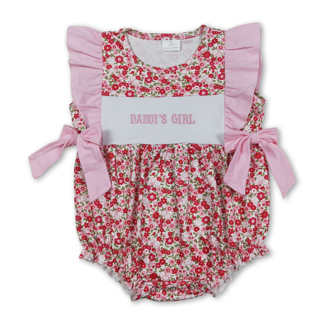 Mini Rodeo girl bubble romper with flutter sleeves, embroidered floral design, perfect for baby girls.