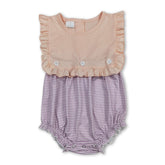 Mini Rodeo purple stripe ruffle baby girl summer romper, girl bubbles style, perfect for warm weather, with cute ruffle details.