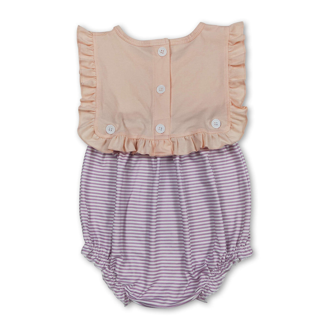 Mini Rodeo purple stripe ruffle baby girl romper, summer bubble dress with playful design and comfortable fabric.